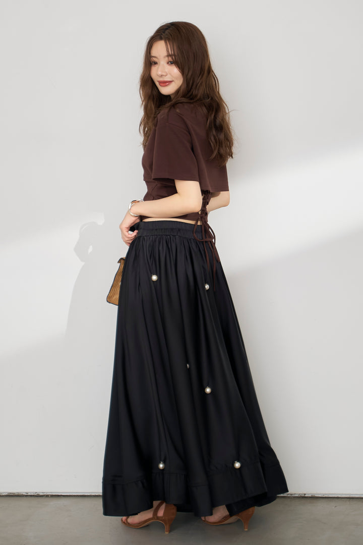[予約/SET]バックレースアップTシャツ+ビッグパールデコレーションボリュームフレアスカート(2set)