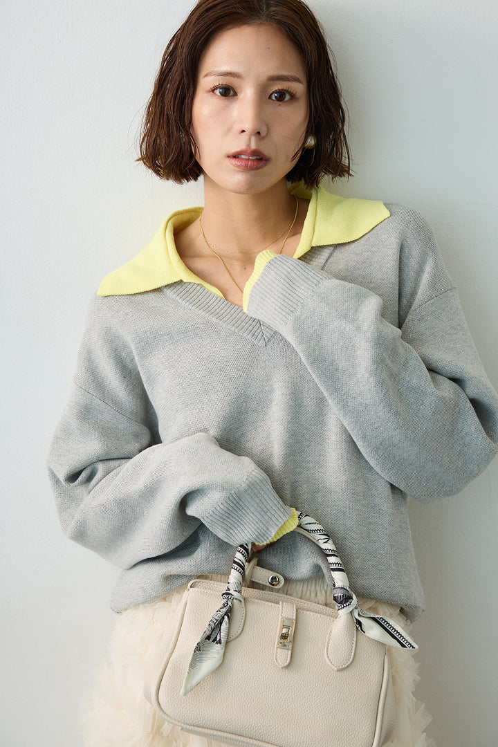 [予約/SET]配色襟レイヤード風ニット+ホイップチュールティアードスカート(2set)