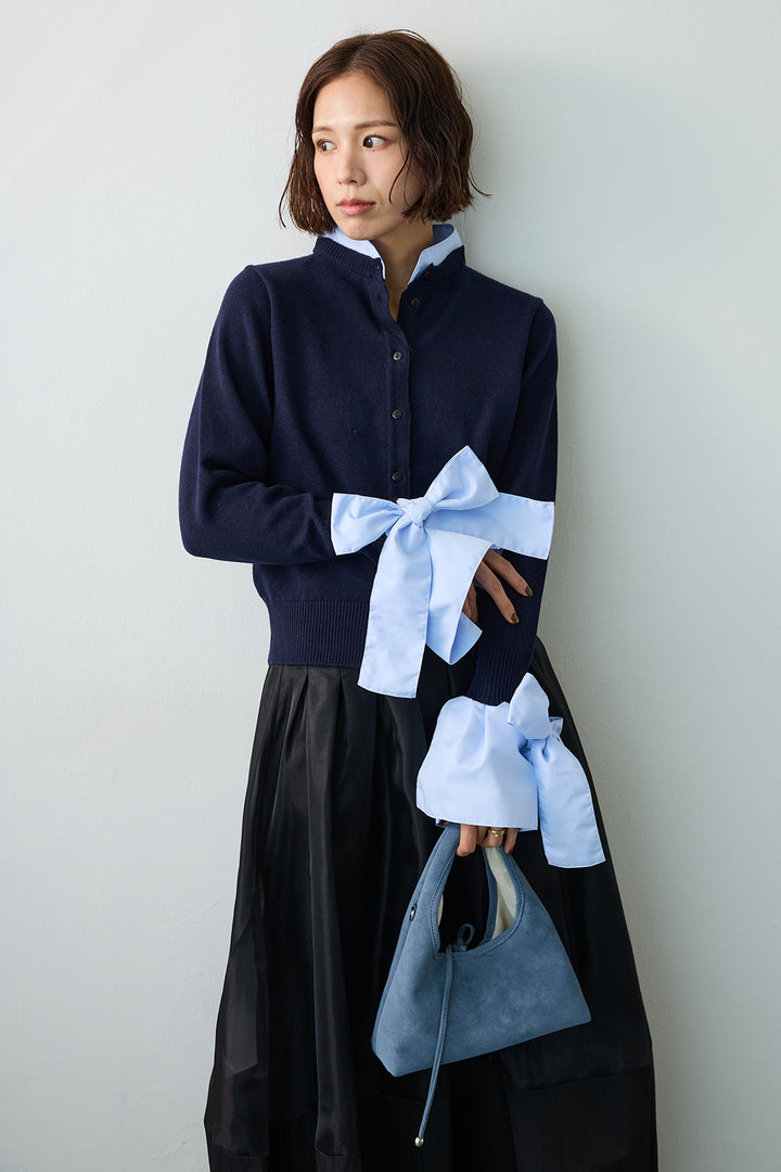 [予約/SET]BIGリボンカフスデザインニットドッキングカーデ+オーガンジー×タフタコクーンスカート(2set)