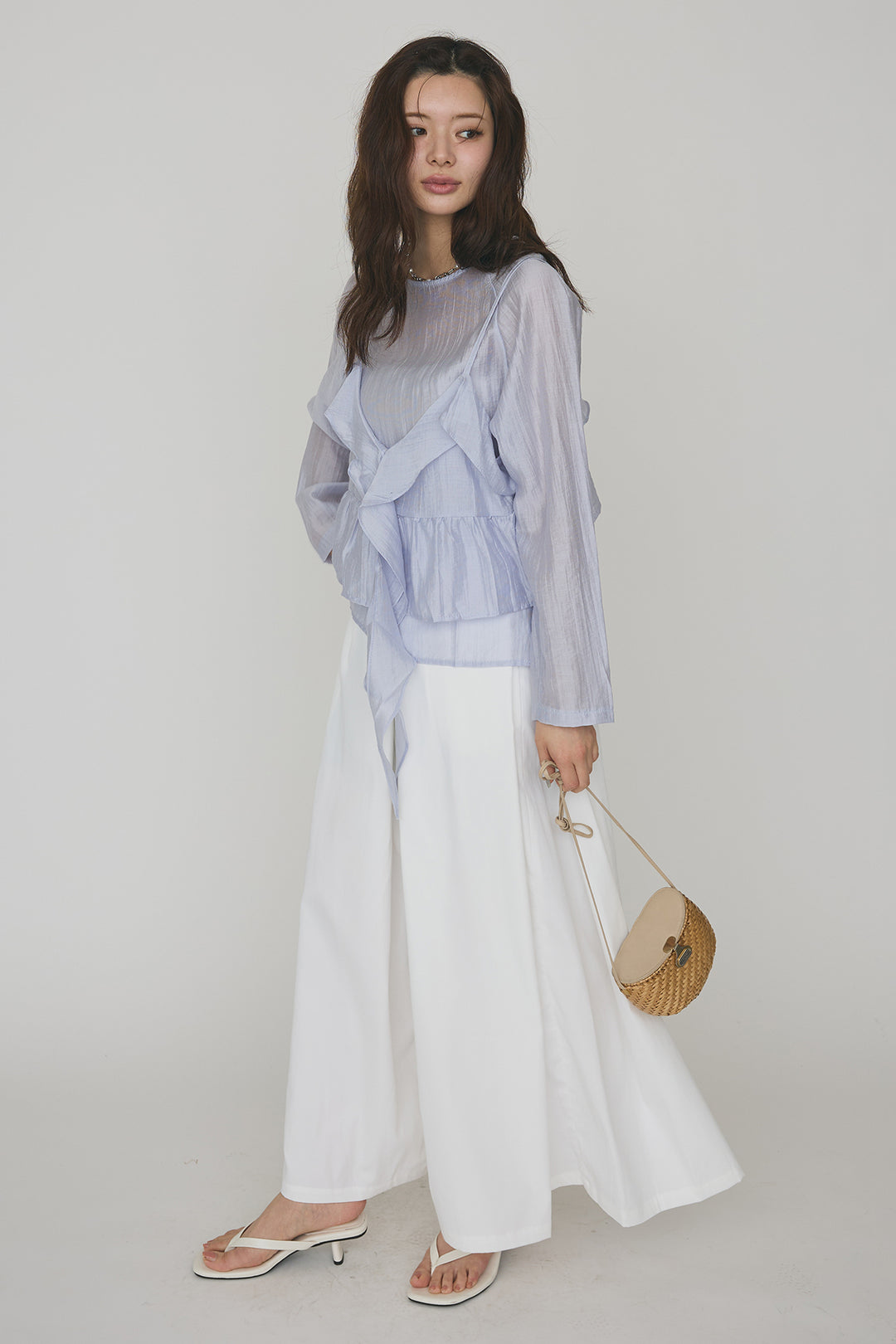 [予約/SET]ドレープフリルシアーレーヤードトップス+フロントサイドタックワイドパンツ(2set)