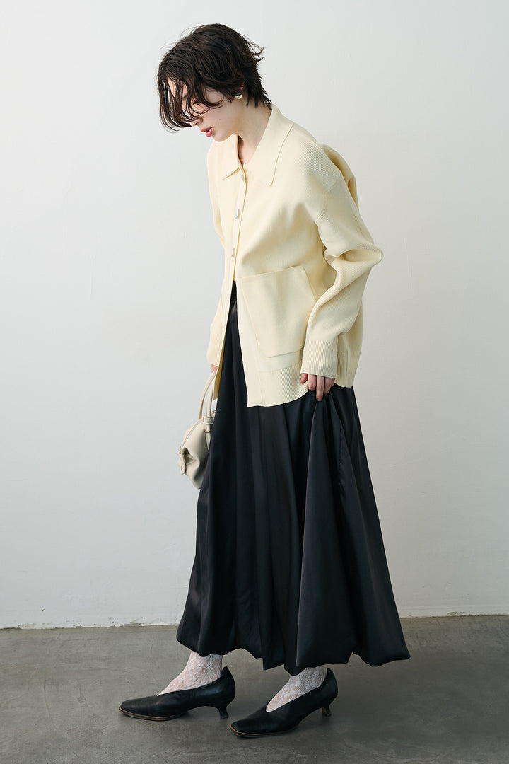 [予約/SET]メタルボタン襟付きニットカーディガン+サテンシャイニーバルーンスカート(2set)