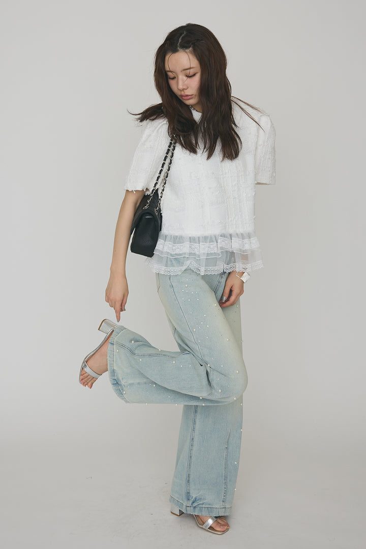 [予約/SET]サマーツイード異素材ドッキングトップス+パールラインストーンハイウエストデニム(2set)