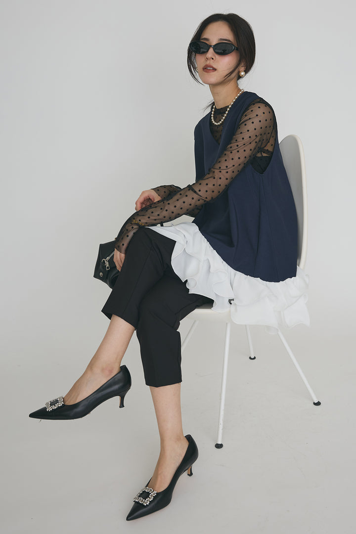 [予約/SET]シアードットフロッキートップス+異素材フリルヘムVネックチュニック+タックテーパードパンツ(3set)