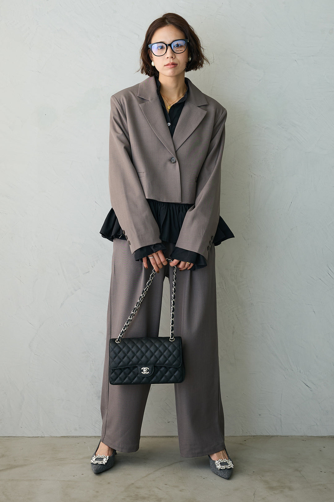 [予約/SET]フリルヘムスリーブブラウス+クロップドマニッシュシンプルジャケット+ツイルシンプルストレートパンツ(3set)