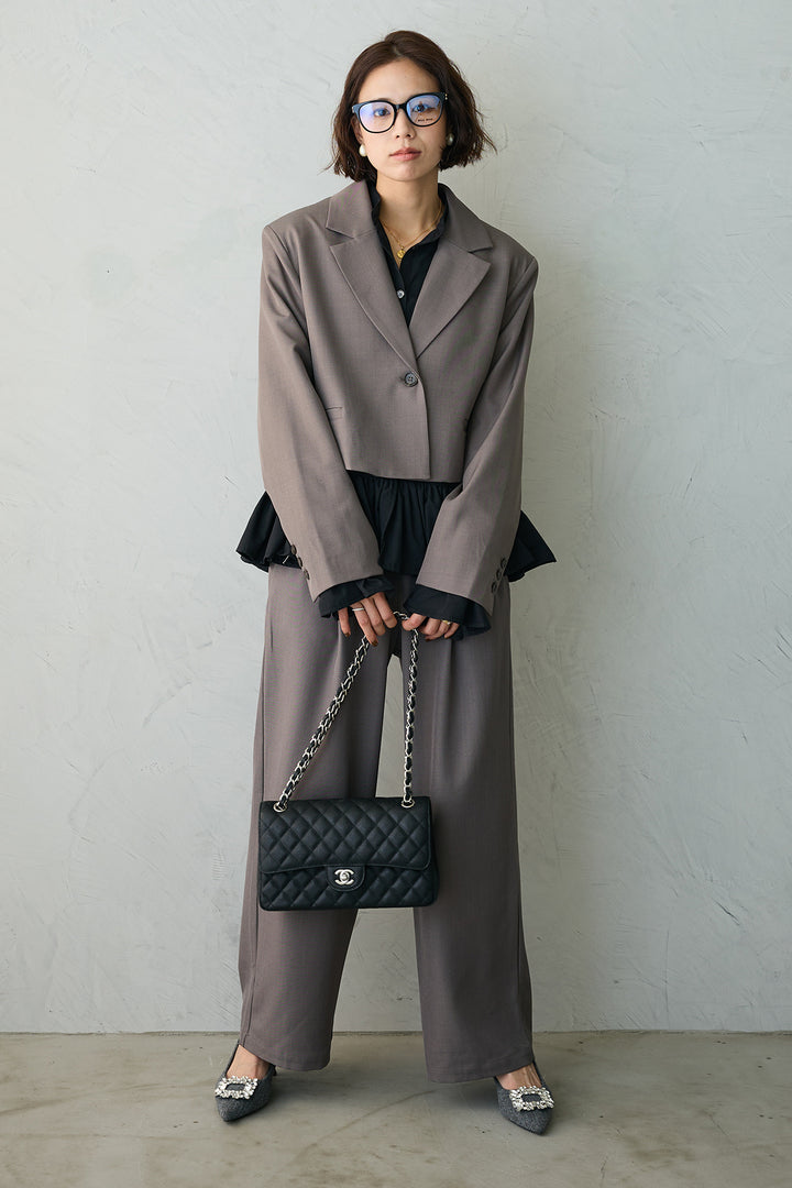 [予約/SET]フリルヘムスリーブブラウス+クロップドマニッシュシンプルジャケット+ツイルシンプルストレートパンツ(3set)