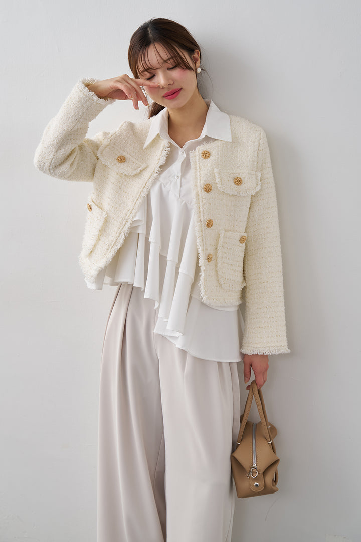 [予約/SET]アシメフリルティアードシャツ+フリンジツイードゴールドボタンジャケット+エステルツイルタックワイドカラーパンツ(3set)