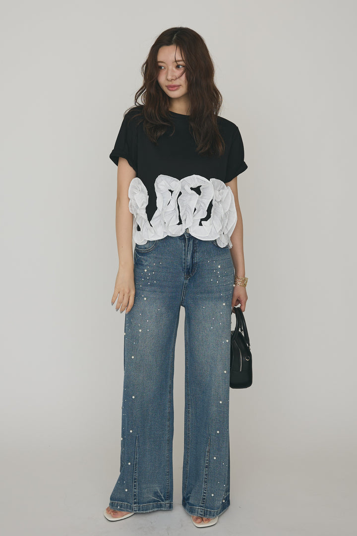 [予約/SET]フリルウェーブヘムカットTシャツ+パールラインストーンハイウエストデニム(2set)