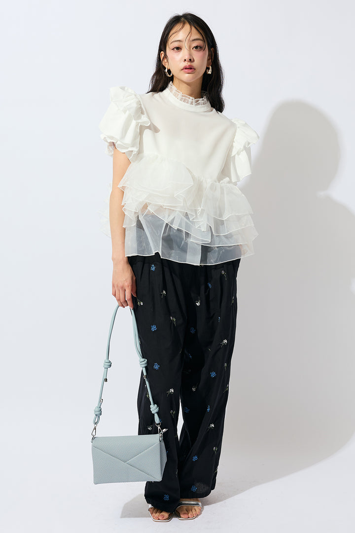 [予約/SET]オーガンジフリルティアードトップス+フラワー刺繍ローンイージーパンツ(2set)