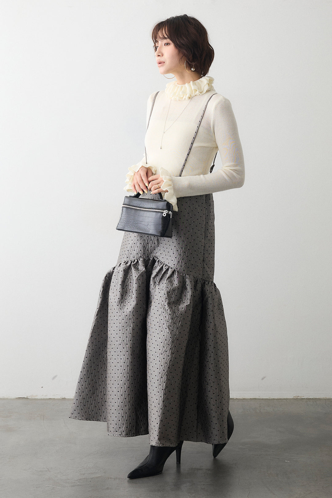 [予約/SET]ダブルフリルカラーニットプルオーバー+ドットジャガードギャザーフレアスカート(2set)