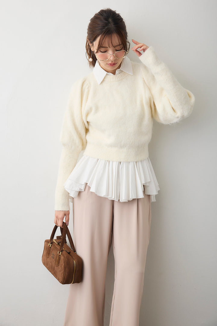 [予約/SET]モヘアパフスリーブプルオーバー+パネルフレアヘムシャツ+とろみドロストワイドパンツ(3set)