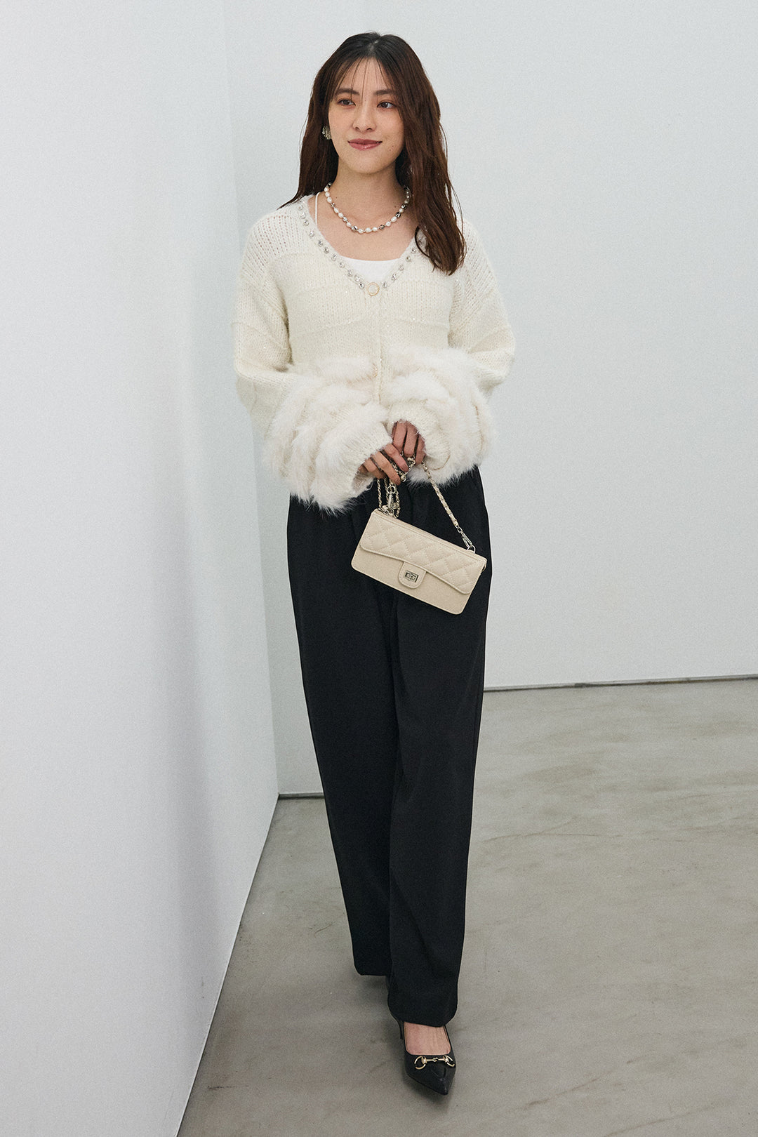 [予約/SET]ネックビジューラインファーニットカーデ+2タック美シルエットパンツ(2set)