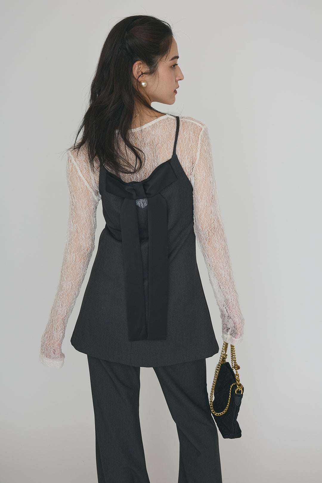 [予約/SET]ストレッチ繊細レーストップス+バックリボン美シルエットキャミチュニック+美脚セミフレアパンツ(3set)