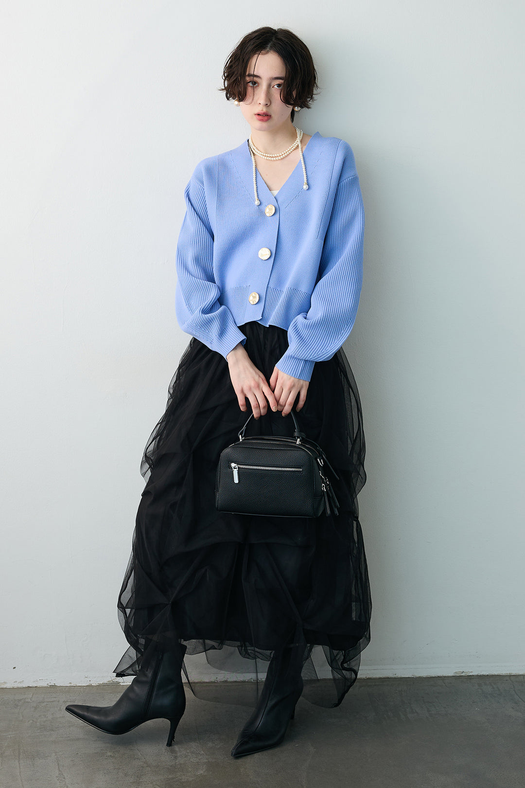 [予約/SET]スポンディッシュBIGボタンクロップドカーデ+マルチパターンタックチュールスカート(2set)