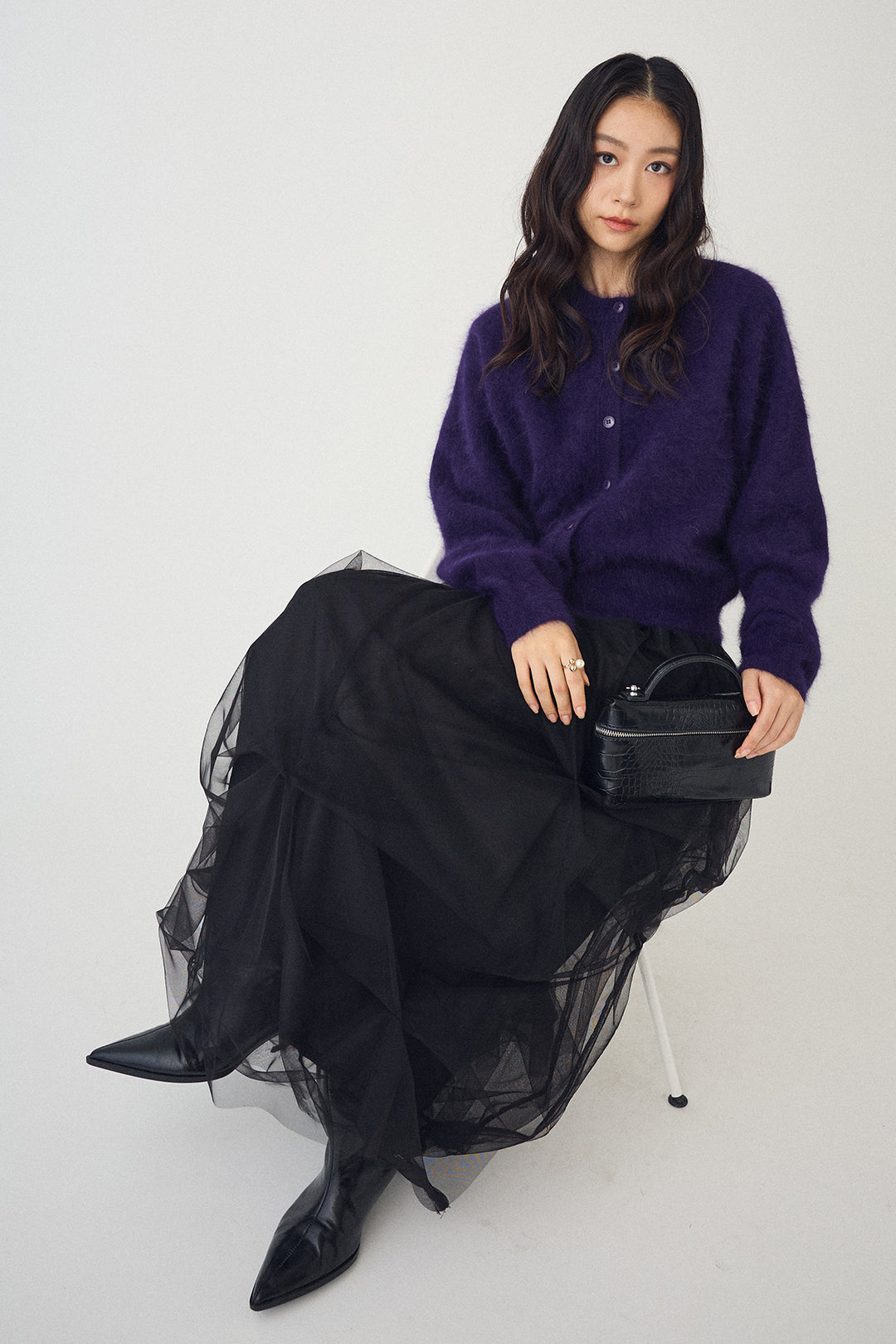 [予約/SET]ウールソフトカーディガン+マルチパターンタックチュールスカート(2set)