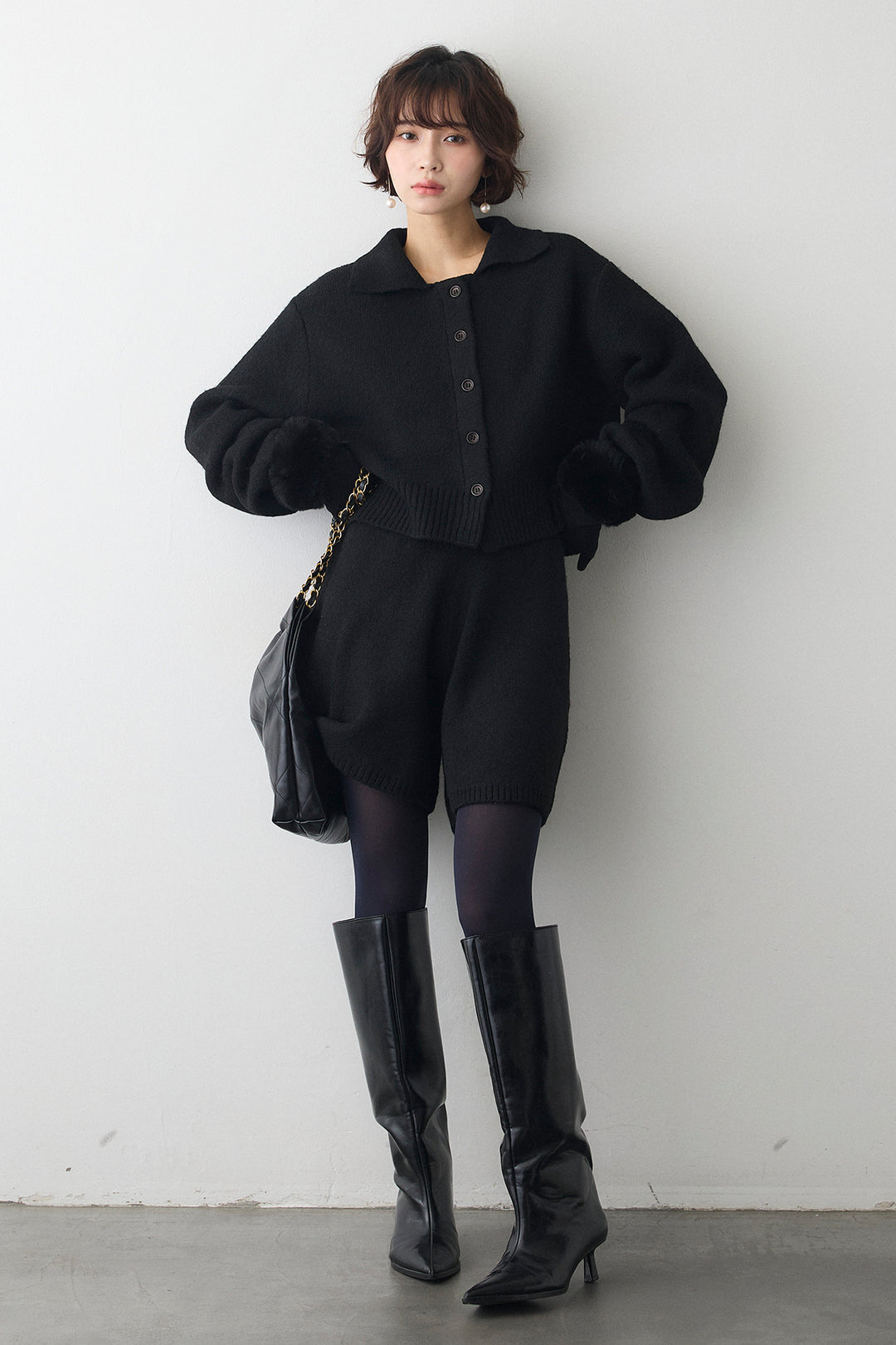 [予約/SET]メランジニットポロ襟クロップドカーデ+メランジニットショートパンツ(2set)