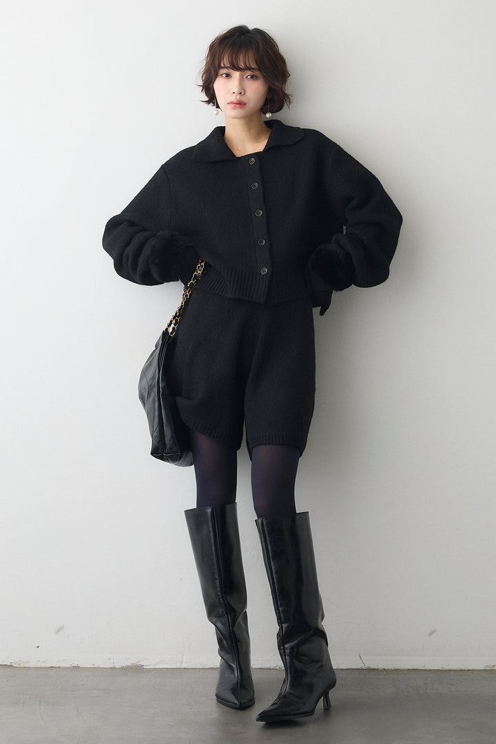 [予約/SET]メランジニットポロ襟クロップドカーデ+メランジニットショートパンツ(2set)