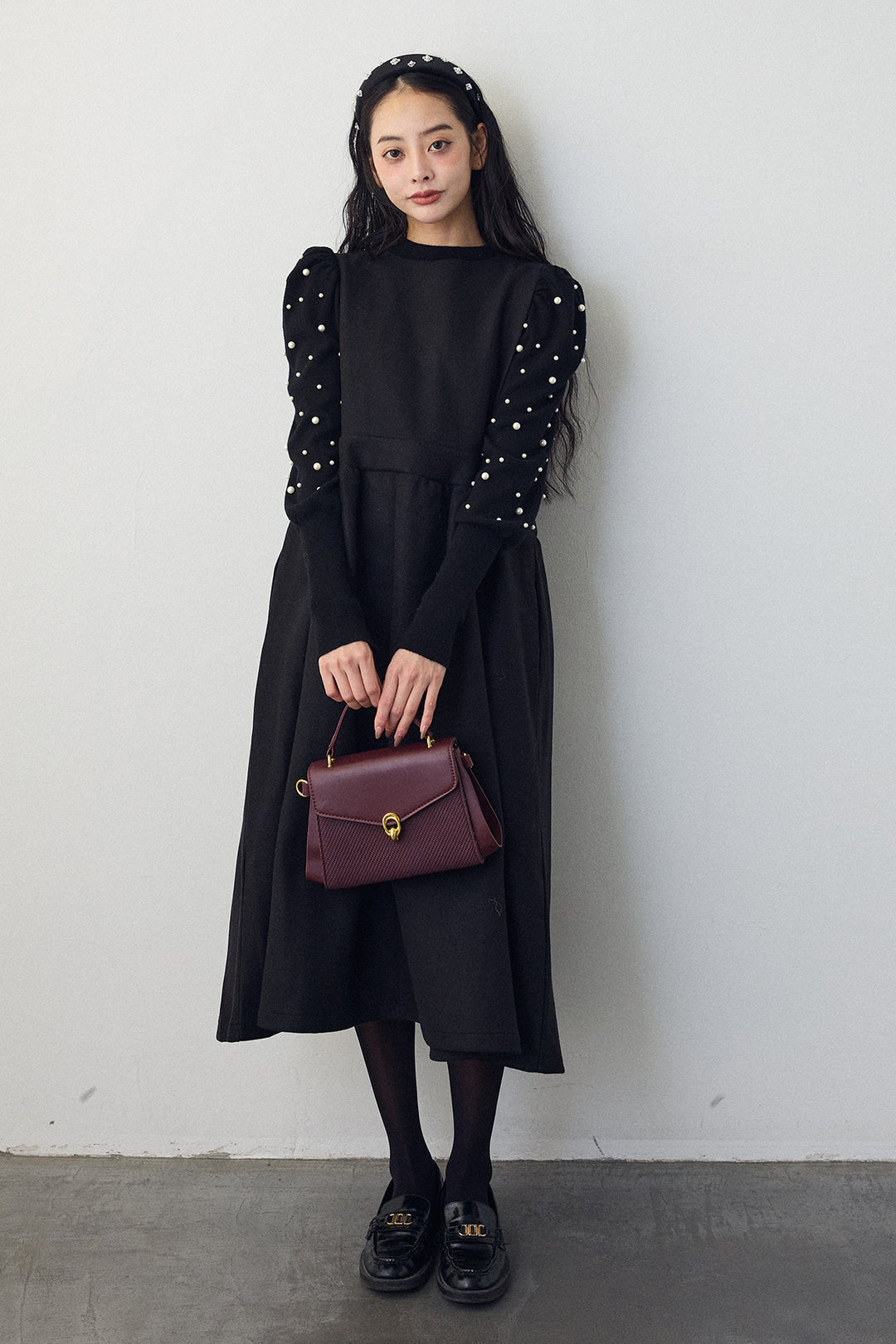 [予約/SET]パフスリーブランダムパールニット+バックリボンボックスシルエットジャンスカ(2set)