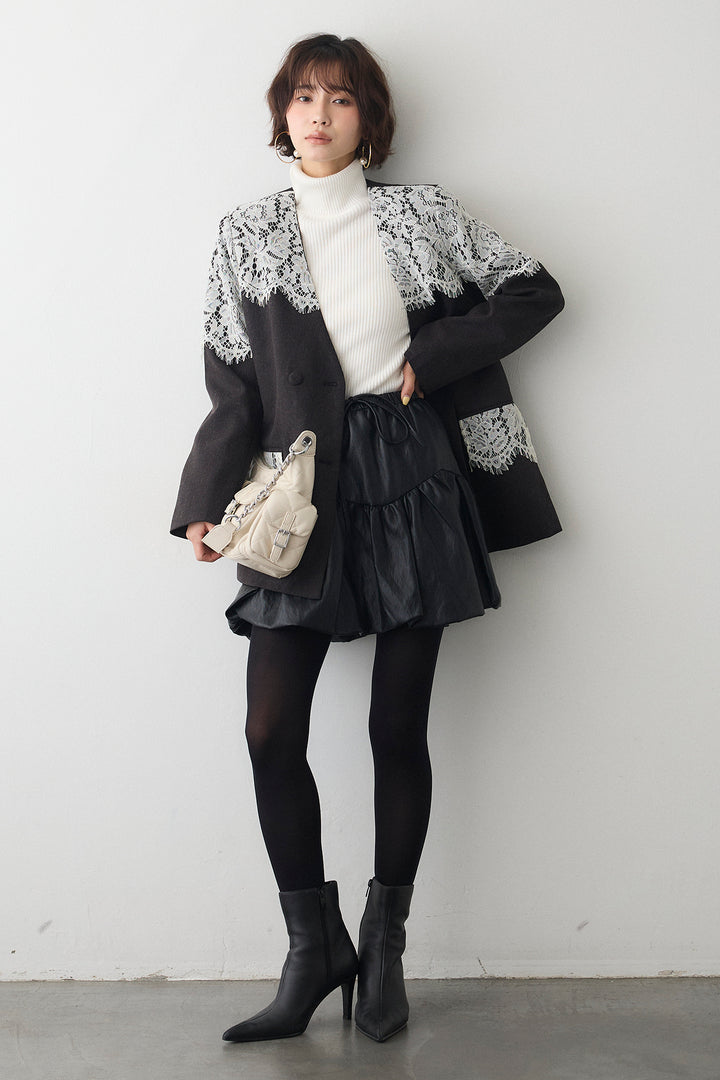 [予約/SET]ショルダーレースデザインジャケット+フェイクレザーティアードバルーンミニスカート(2set)