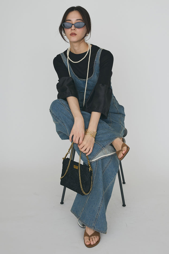 [予約/SET]タックフレア異素材ドッキングニットPO+美ラインデニムサロペット(2set)