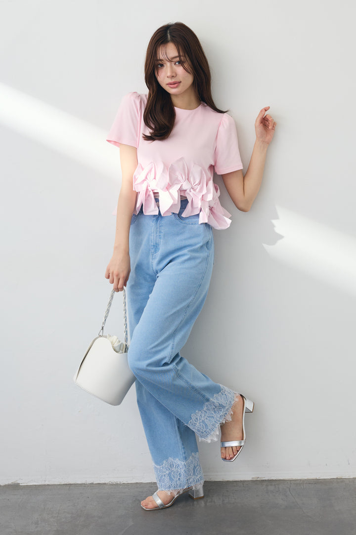 [予約/SET]リボンヘムデザインTシャツ+【接触冷感】ヘムレースデニムパンツ(2set)