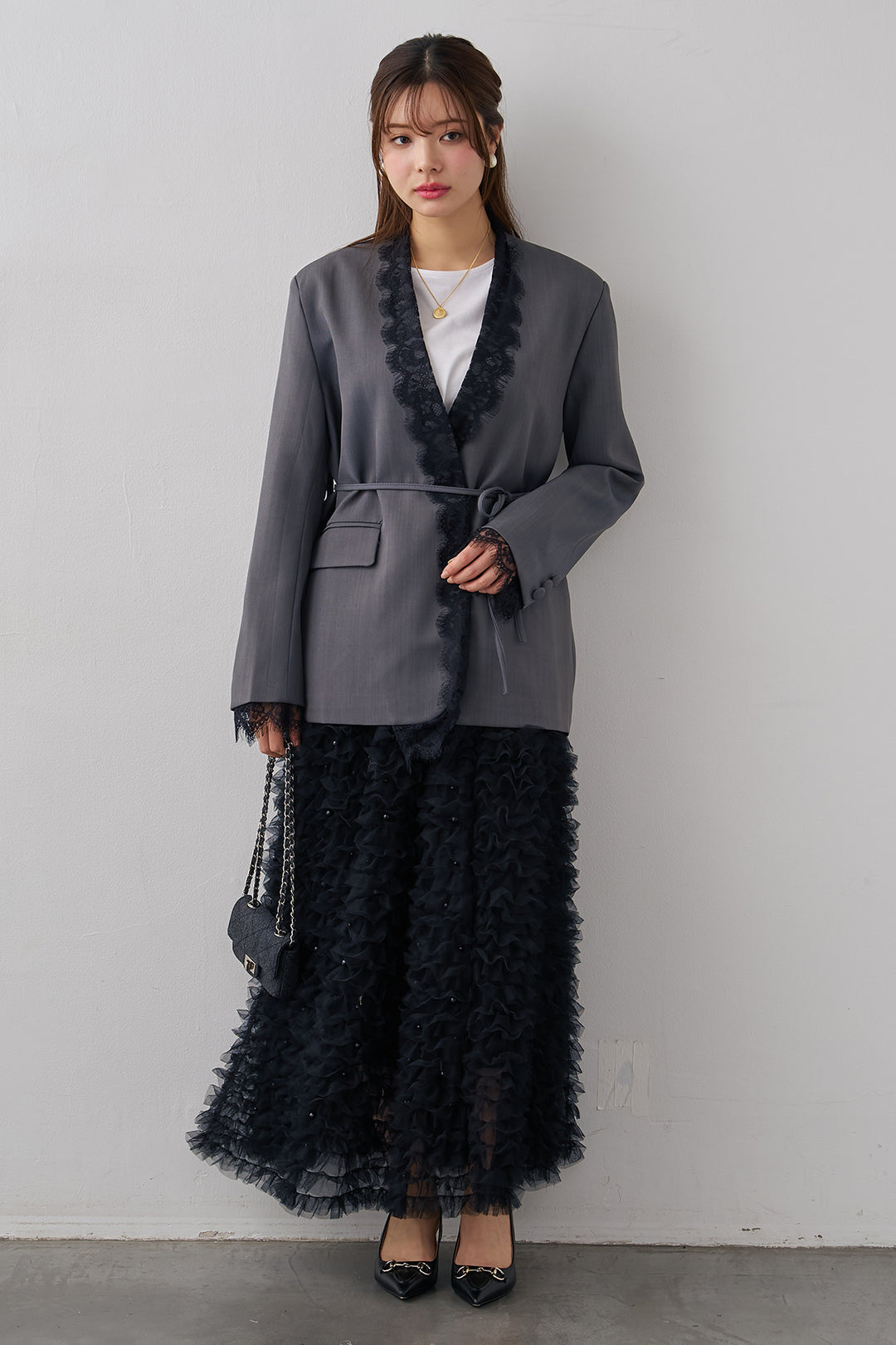 [予約/SET]カシュクールレースドッキングジャケット+パール付きホイップチュールスカート(2set)