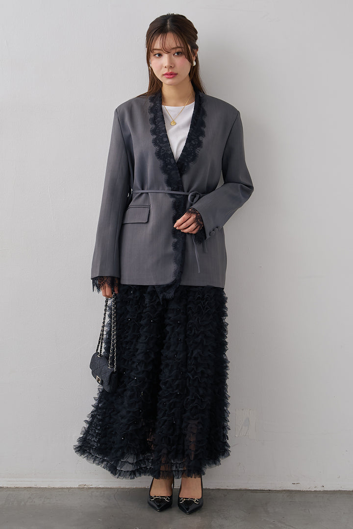[予約/SET]カシュクールレースドッキングジャケット+パール付きホイップチュールスカート(2set)