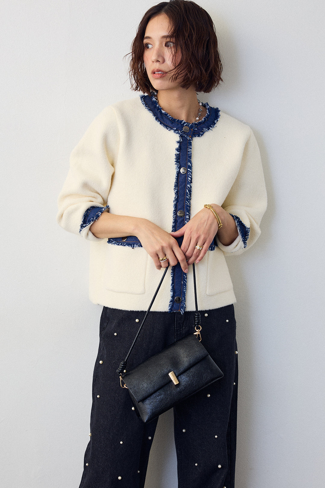 [予約/SET]デニムドッキングマルチパターンカーデ+パールスタッズストレートハイウエストデニム(2set)