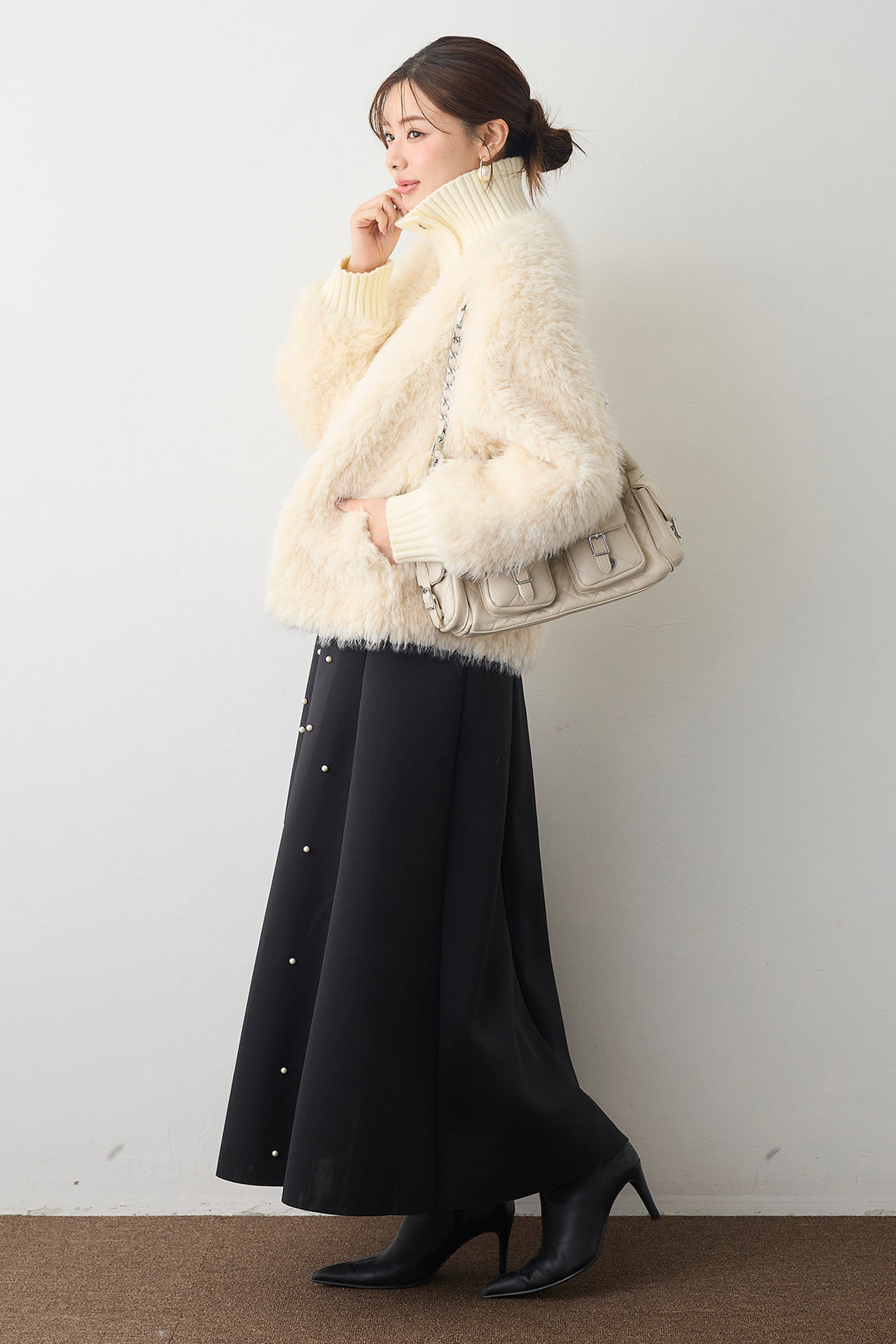 [予約/SET]シャギーファー×リブニットミックスジャケット+マルチパターンボンディングフレアスカート(2set)