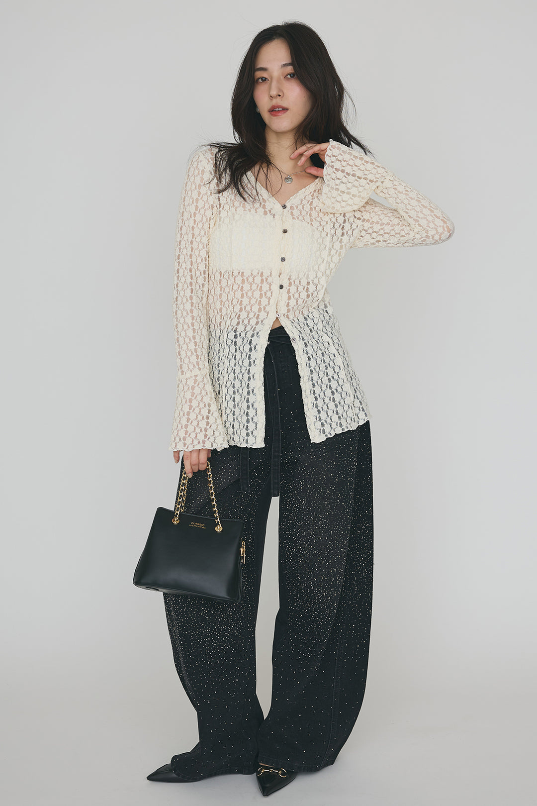 [予約/SET]カットレースフラワーVネックカーデ+ラインストーン美ラインデニム(2set)