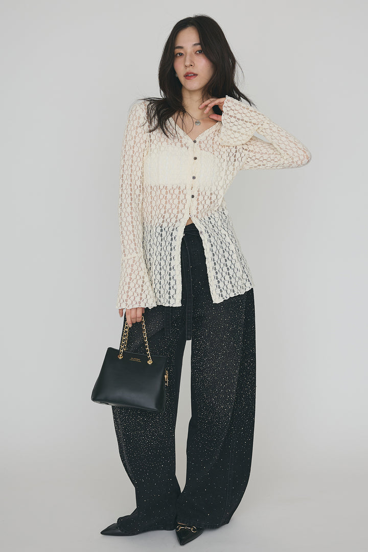 [予約/SET]カットレースフラワーVネックカーデ+ラインストーン美ラインデニム(2set)