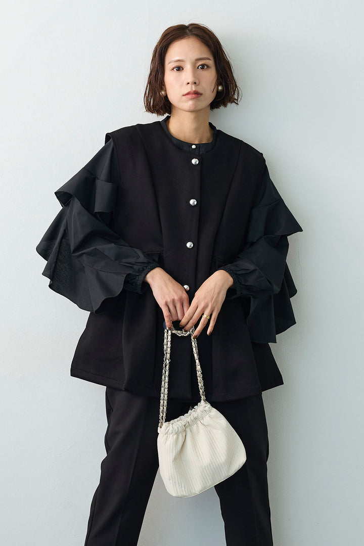 [予約/SET]ティアードフリルスリーブパールボタンブラウス+ペプラムラインシルバーボタンジレ(2set)