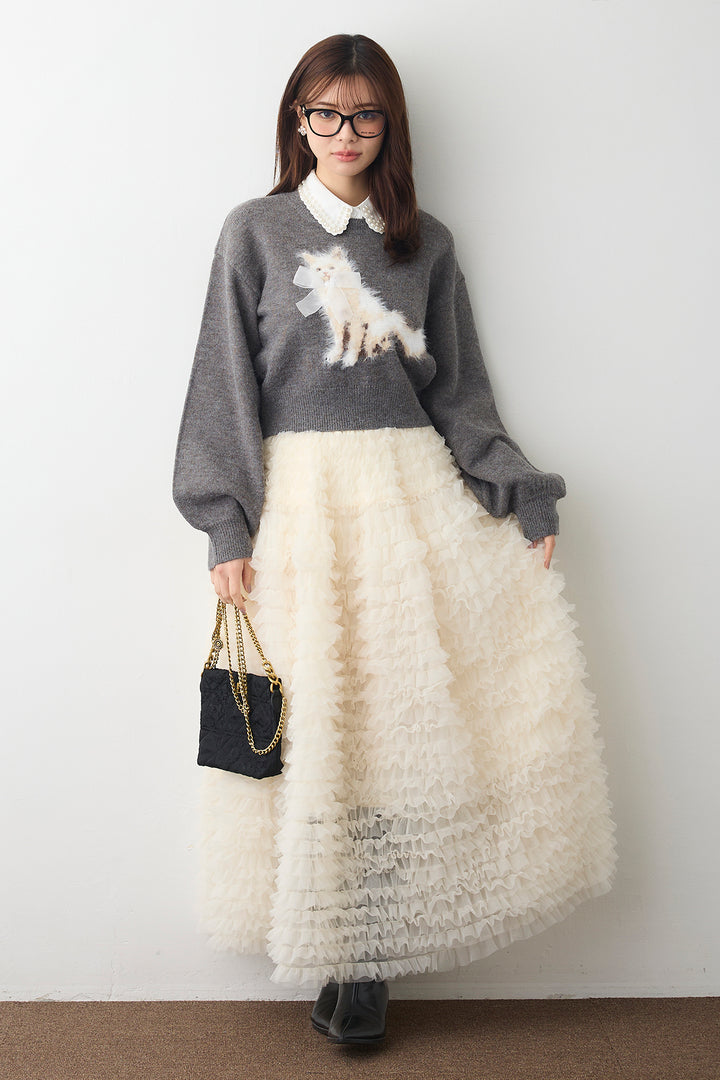 [予約/SET]2連パール付け襟+シャギーリボンキャットモチーフニットPO+ホイップチュールティアードスカート(3set)