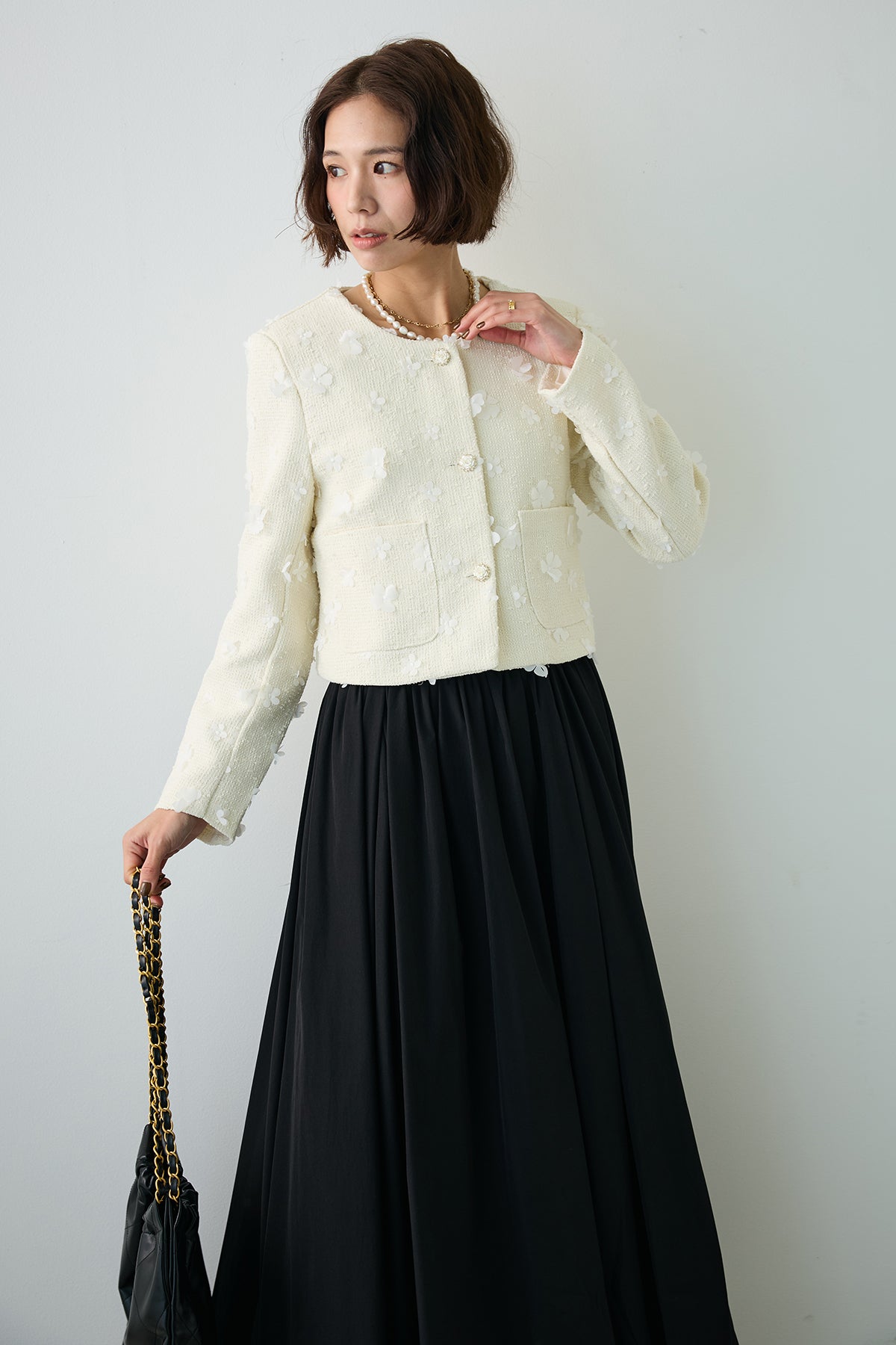 予約/SET]フラワーモチーフツイードジャケット+ギャザーフレア綿タッチ