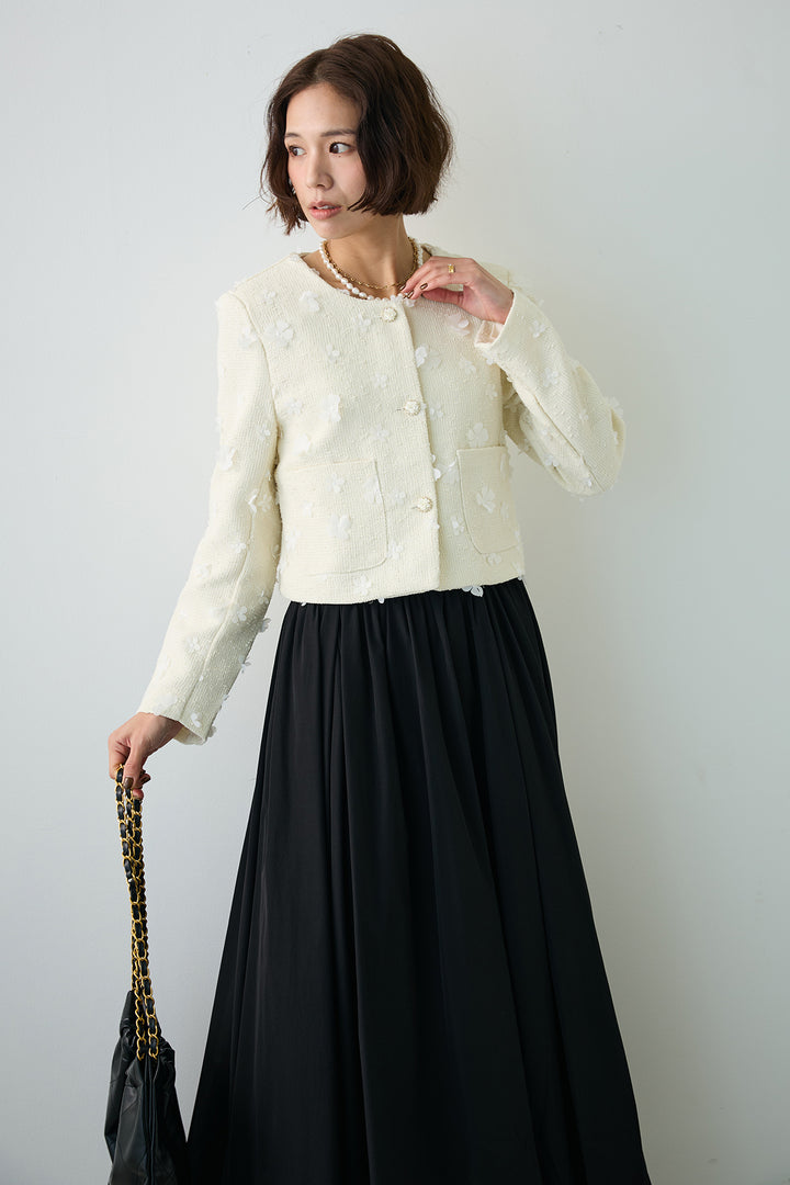 [予約/SET]フラワーモチーフツイードジャケット+ギャザーフレア綿タッチスカート(2set)