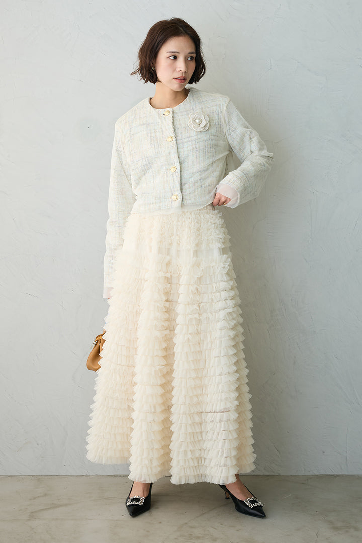 [予約/親子SET][kids]ティアードプリーツパールワンピセット+ツイード×チュールレイヤードクロップドジャケット+ホイップチュールティアードスカート(3set)