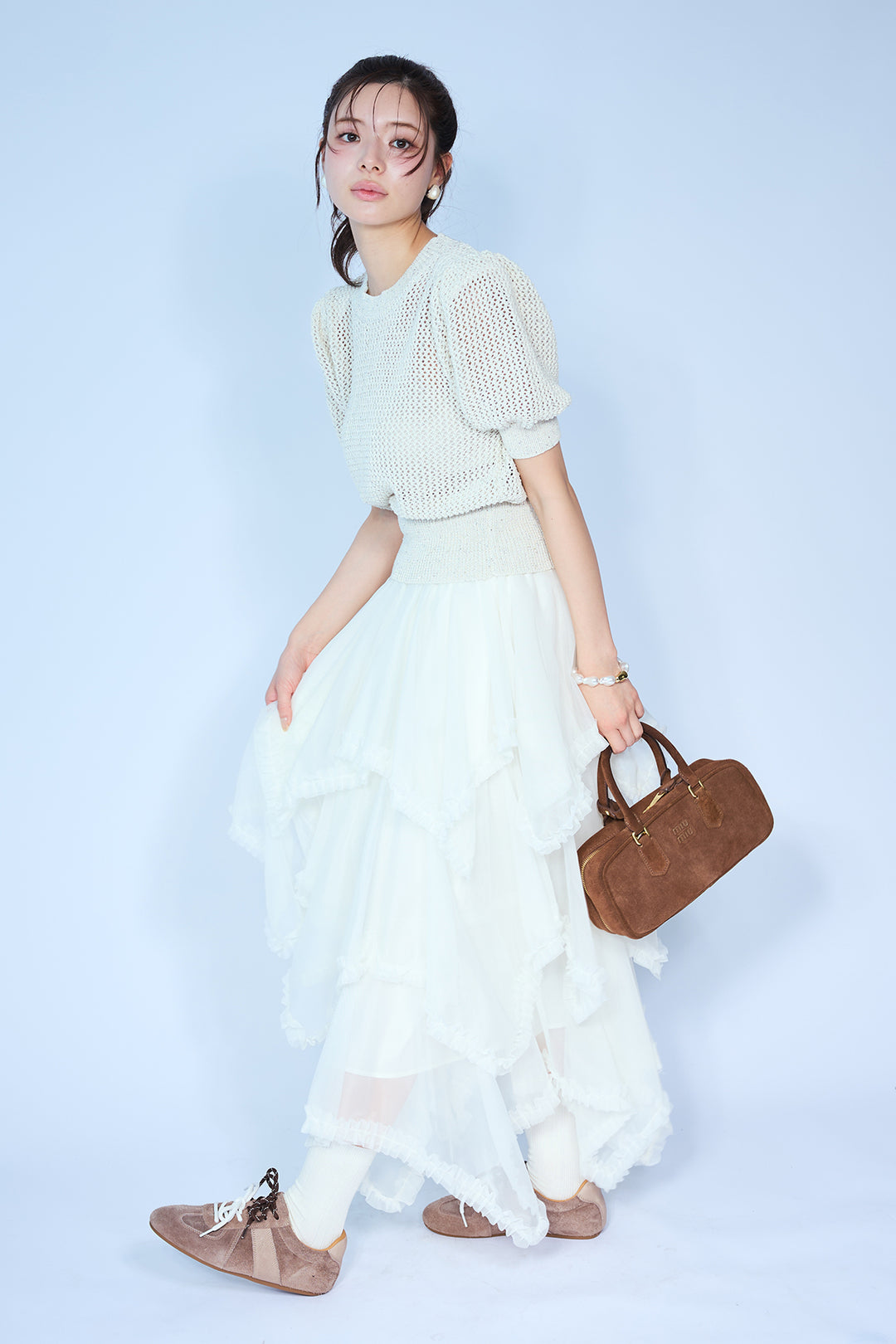 [予約/SET]ラメ混パフスリーブハーフスリーブニット+ムードチュールフリルスカート(2set)