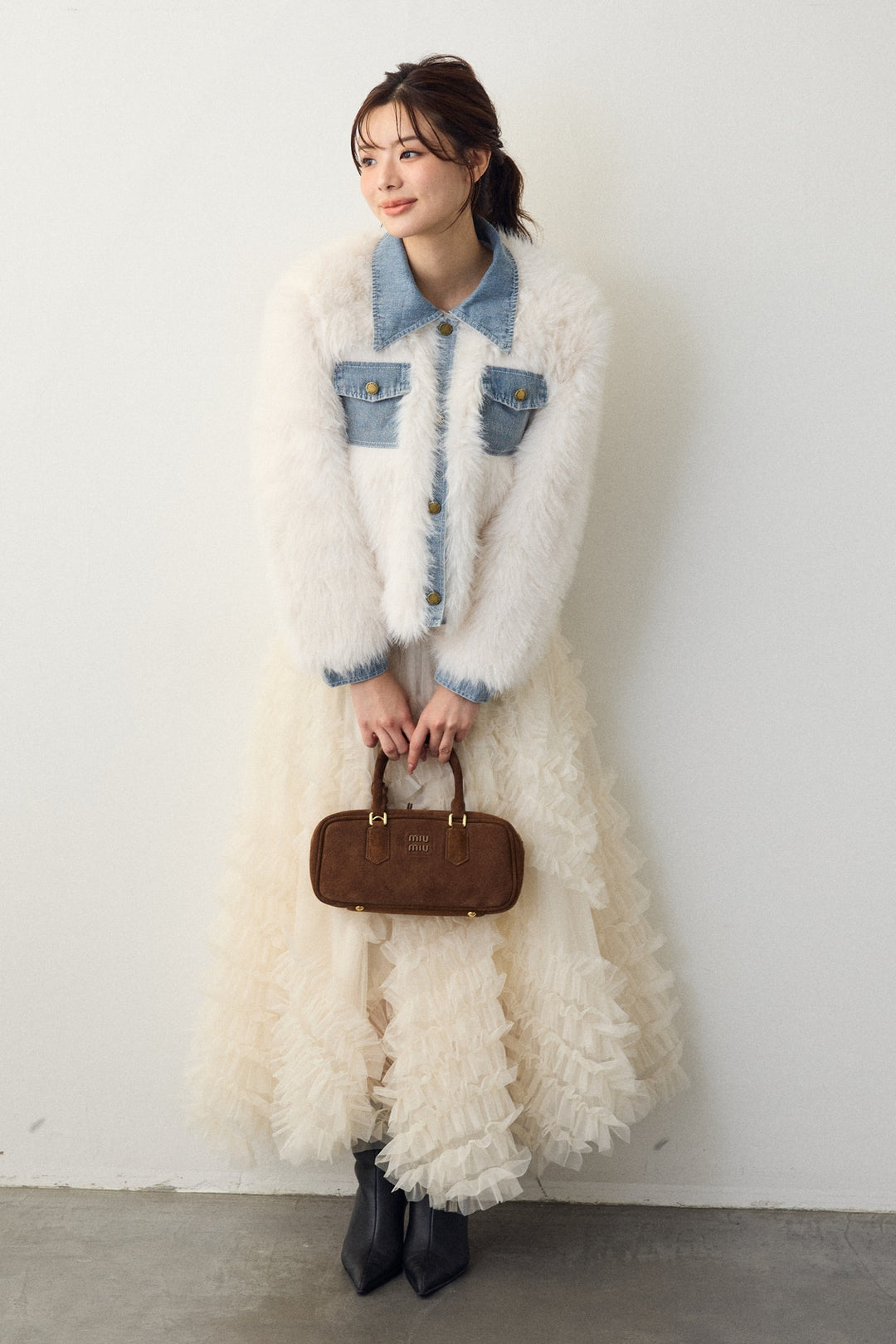 [予約/SET]デニムシャツドッキングファージャケット+スフレアシメチュールスカート(2set)