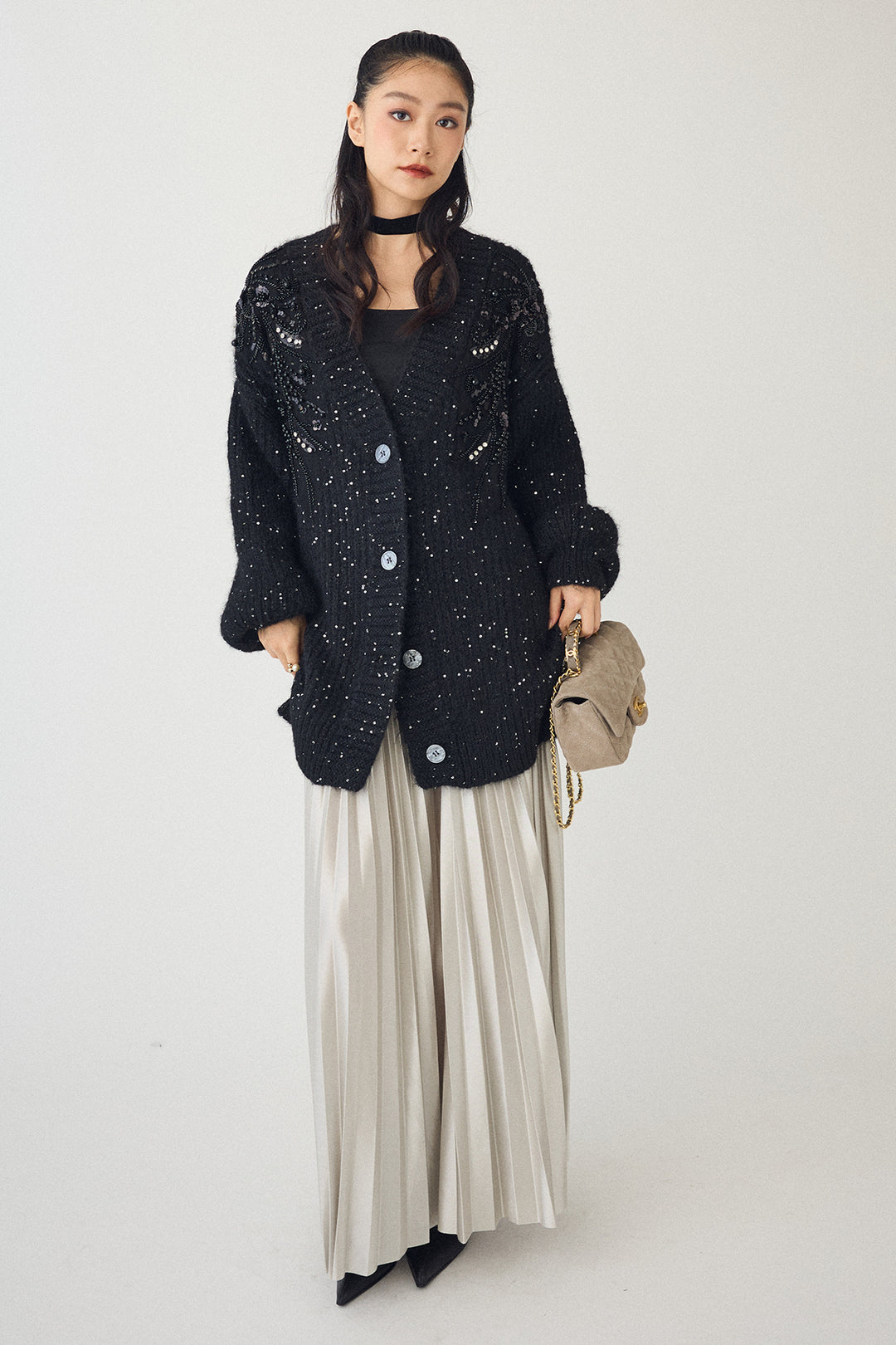 [予約/SET]ビーズフラワースパンコールシャイニーニットカーデ+シャイニープリーツサテンスカート(2set)