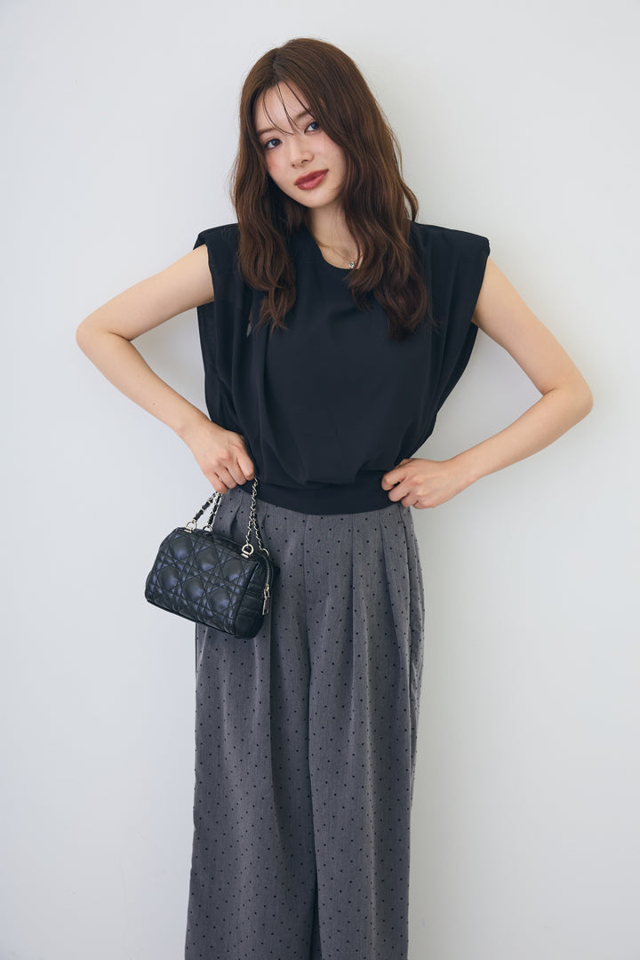 [予約/SET]バックリボンモードショルダーシフォンブラウス+ドットツイルタックワイドパンツ(2set)