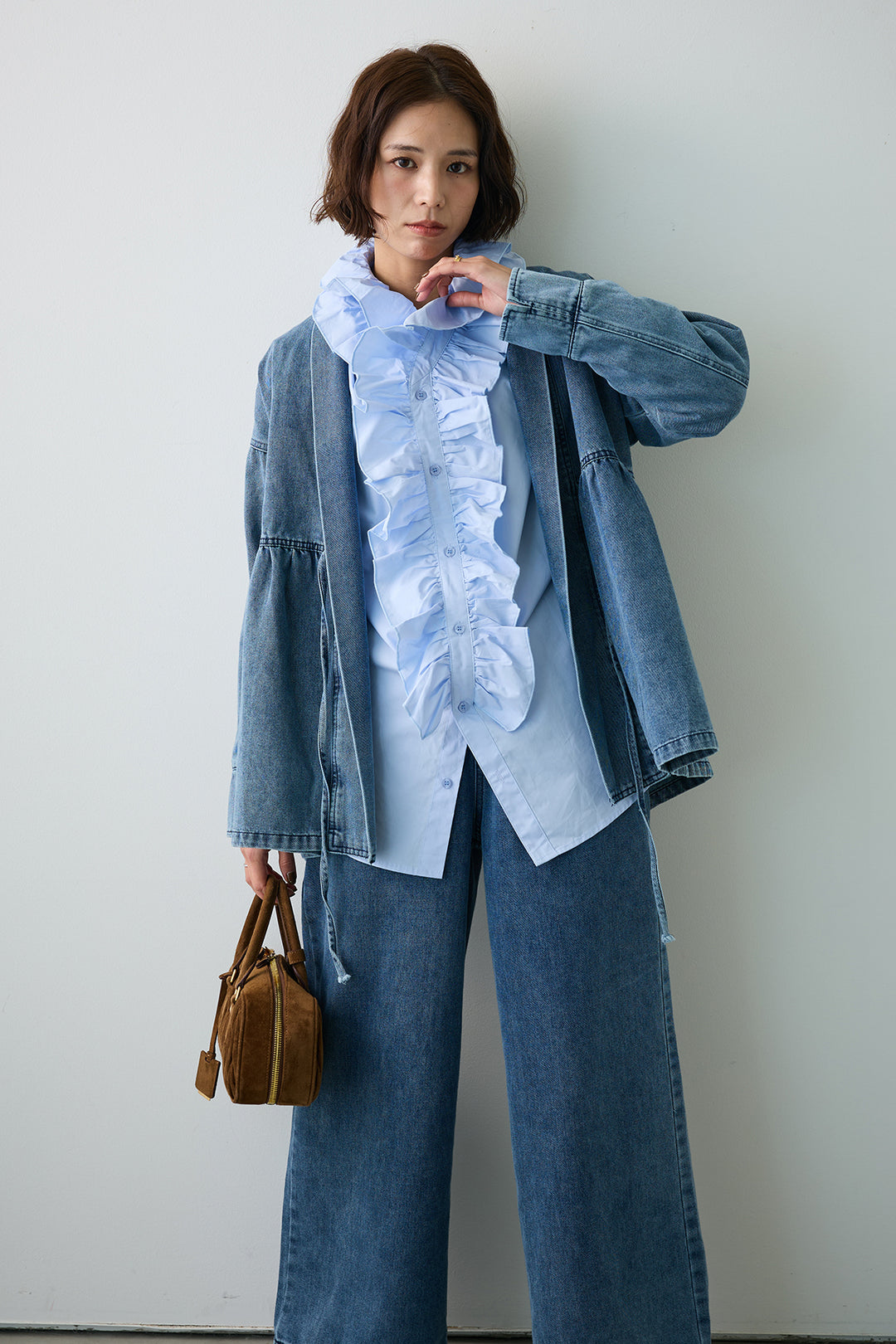 [予約/SET]ブルームカラーフリルブラウス+ノーカラーデニムルーズセットアップ(2set)