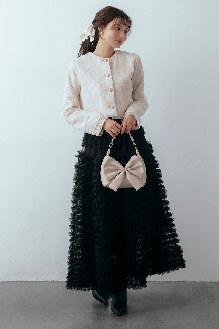 [予約/SET]ツイード×チュールレイヤードクロップドジャケット+ホイップチュールティアードスカート(2set)