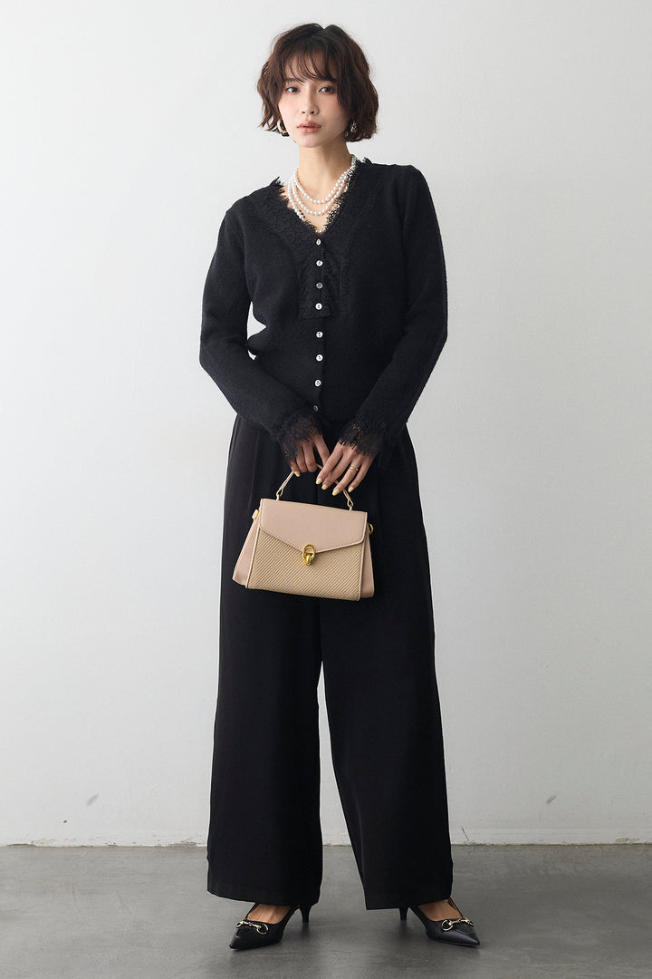 [予約/SET]レースVラインボタンニット+とろみドロストワイドパンツ(2set)