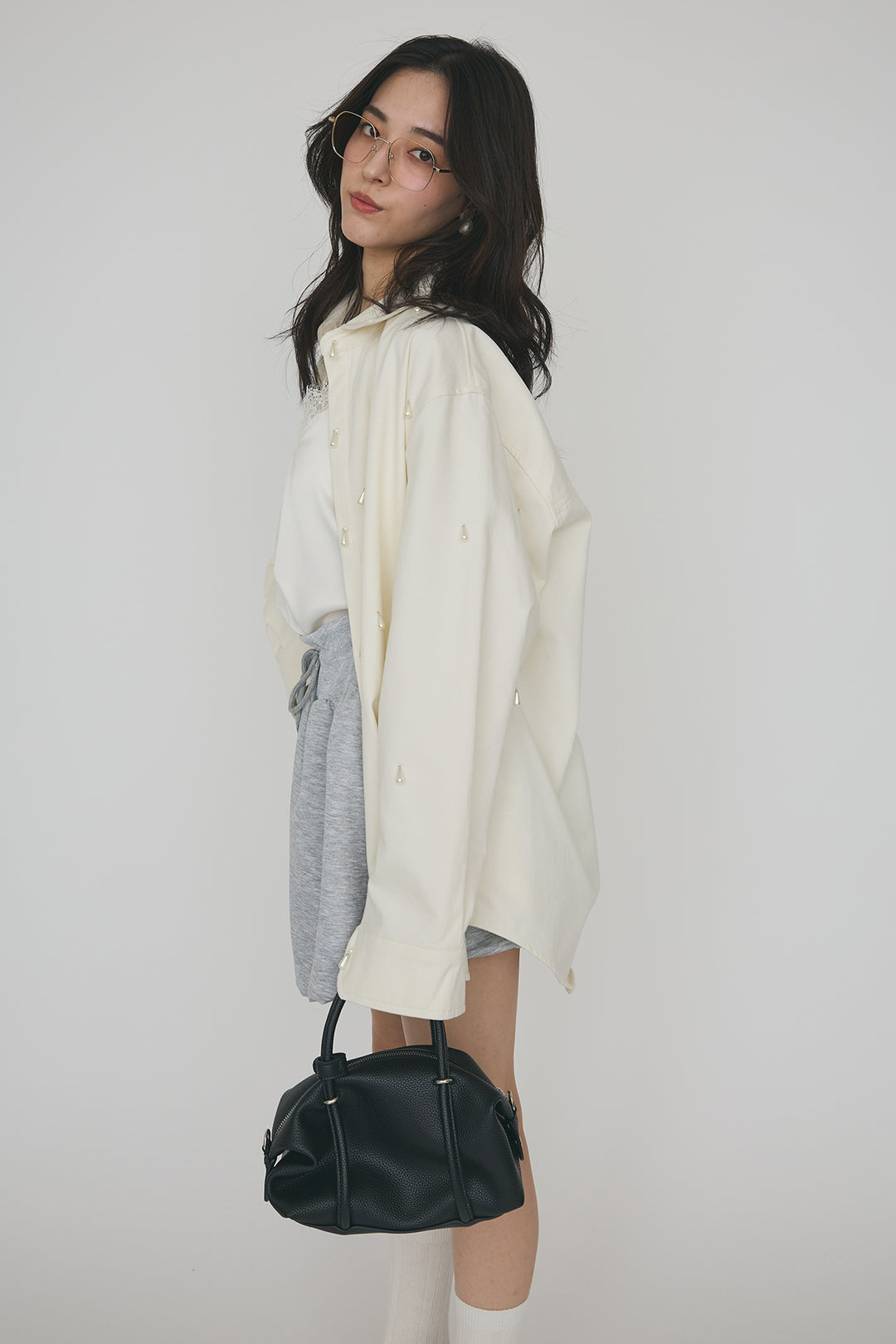 [予約/SET]雫パールデザインオーバーシャツ+スウェットバルーンスカート(2set)