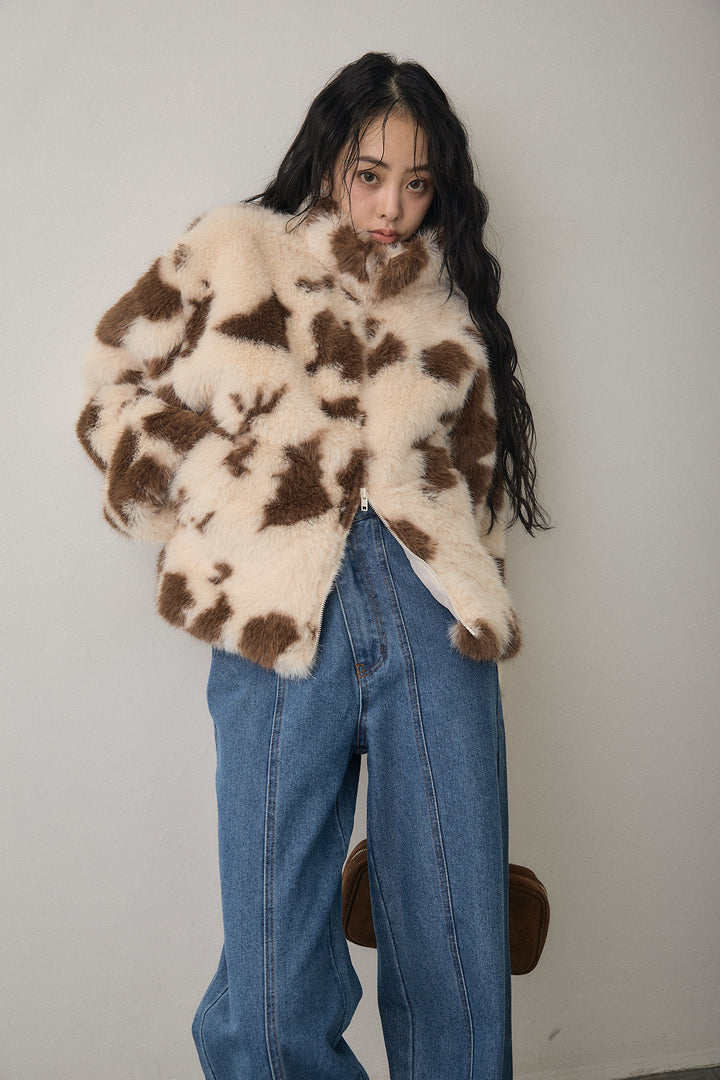 [予約/SET]COW柄スタンドファーライクコート+ウエストアシメデニムパンツ(2set)