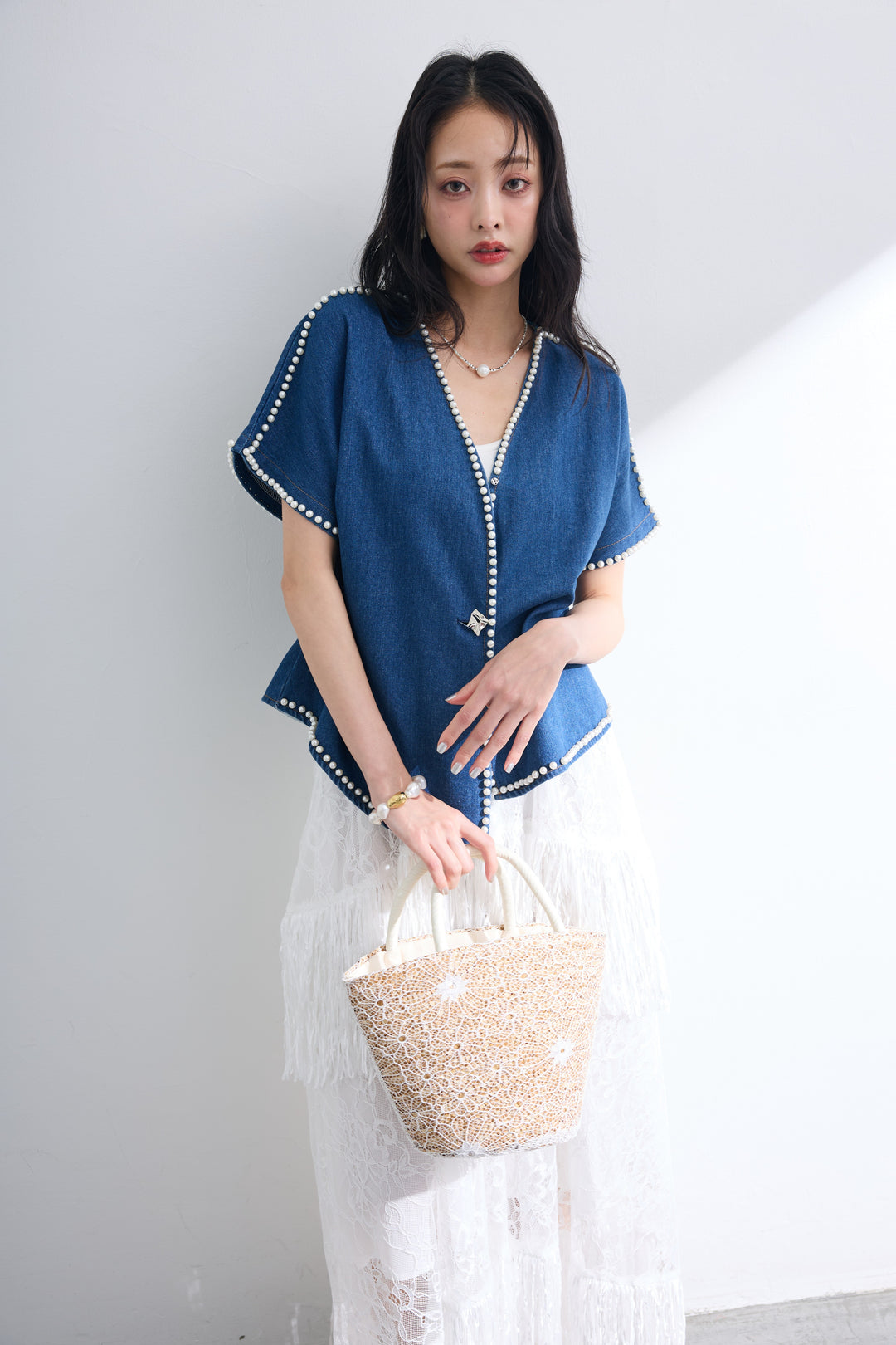 [予約/SET]パールトリミングデニムジャケット+フリンジシアーレースロングスカート(2set)