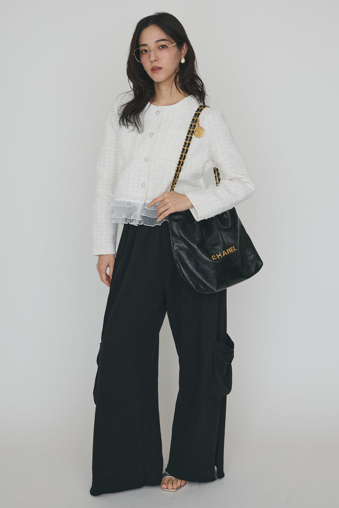 [予約/SET]プリーツフリルヘムライトツイードジャケット+ライトスウェットサイドリボンパンツ(2set)