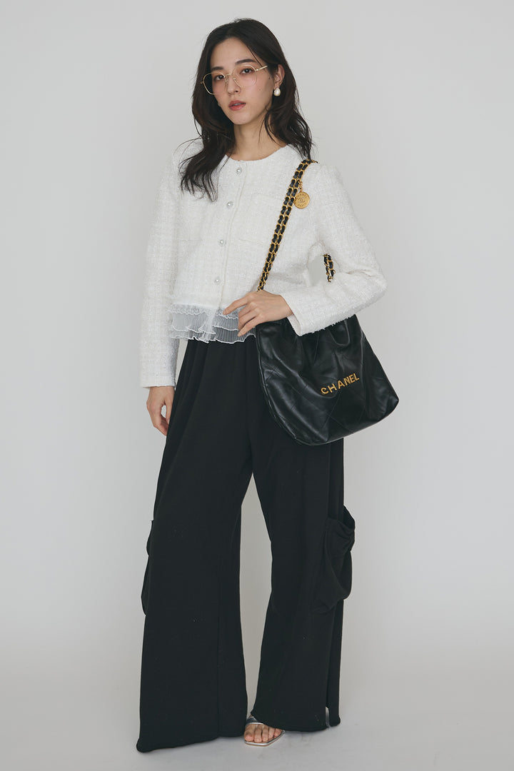 [予約/SET]プリーツフリルヘムライトツイードジャケット+ライトスウェットサイドリボンパンツ(2set)