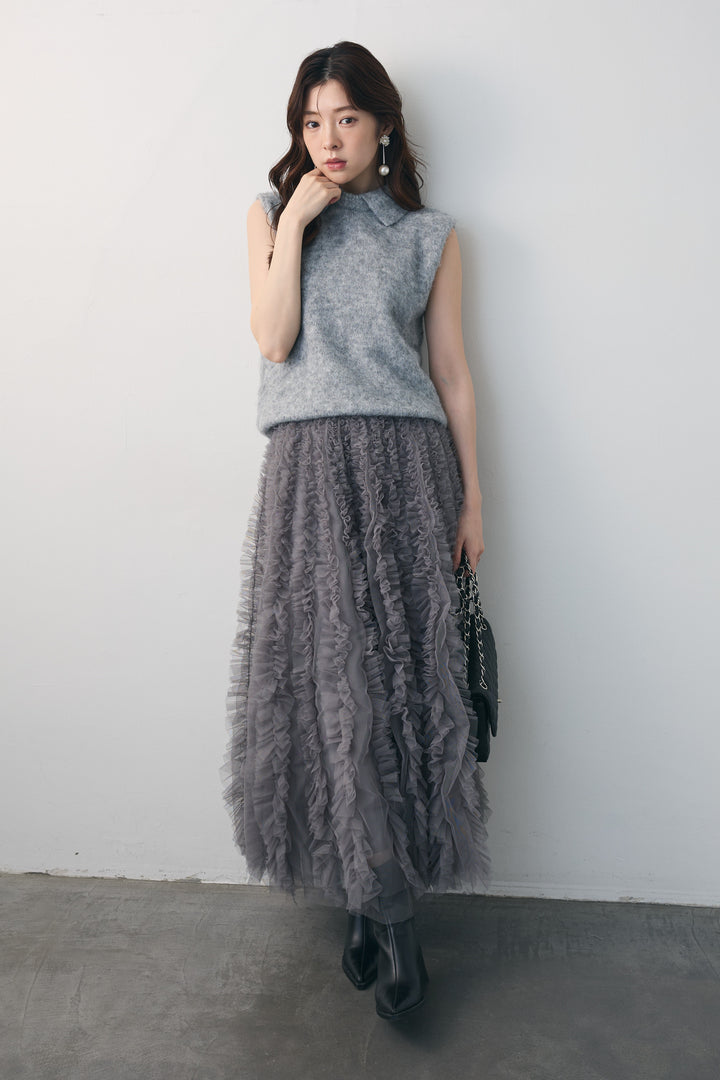 [予約/SET]モヘア起毛ポロベスト+バーチカルフリルチュールスカート(2set)