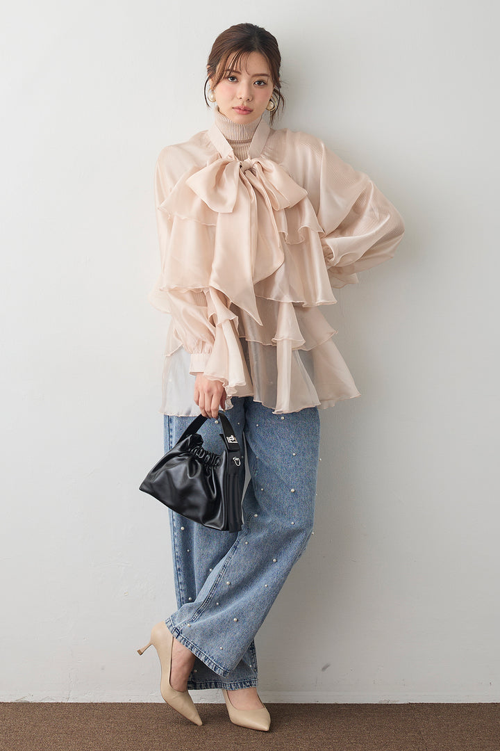 [予約/SET]ベーシックリブタートルニット+フロントBIGリボンティアードエアリーチュニック+パールスタッズストレートハイウエストデニム(3set)