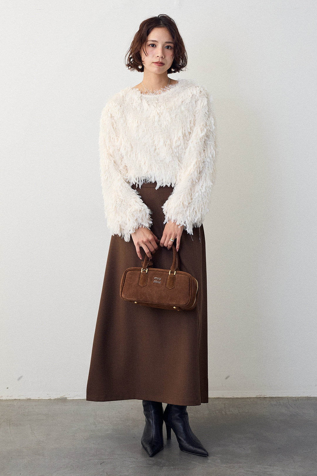 [予約/SET]フリンジラメシャギーニットプルオーバー+バックリボンセミフレアスカート(2set)